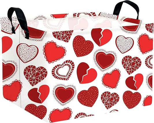 Large Valentine's Day Basket Heart Shaped Storage Bin for Gifts Collapsible Organizer Room Decor (Little Round Dot Love)