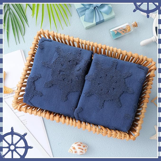 2 Pcs Nautical Hand Towels for Bathroom 100% Cotton Jacquard Weave Bath Towel Set Soft Absorbent Dish Washcloth for Bathroom Kitchen Coastal Theme Gifts 13.8 x 29.5 Inch (Navy Blue)