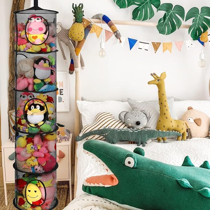 Hanging Net for Stuffed Animals, Foldable Storage Organizer 5 Compartments Toy Storage Organizer for Kid Room Toys, Gloves,Hats,Socks Storage（Black）