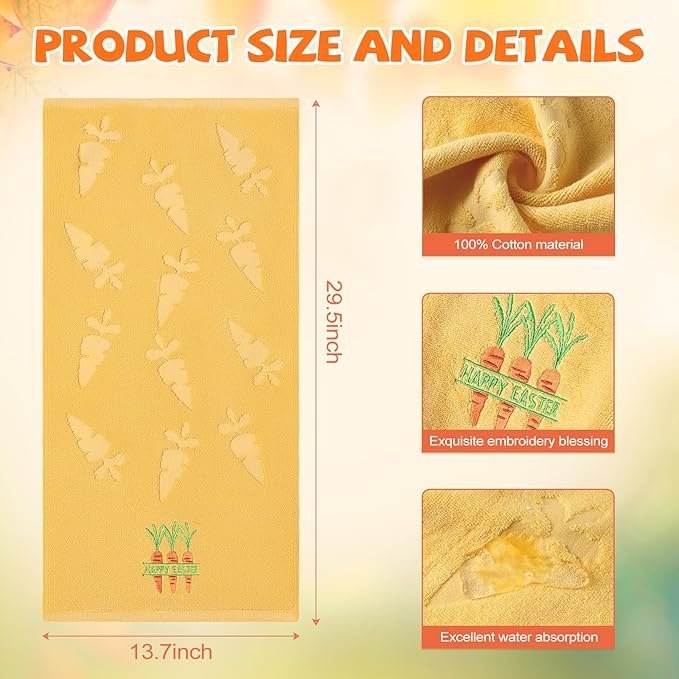 2 Pcs Easter Hand Towels for Bathroom Carrot Easter Bath Towels Yellow 100% Cotton Jacquard Embroidered Decorative Gift Set Kitchen Decor Home Accessories