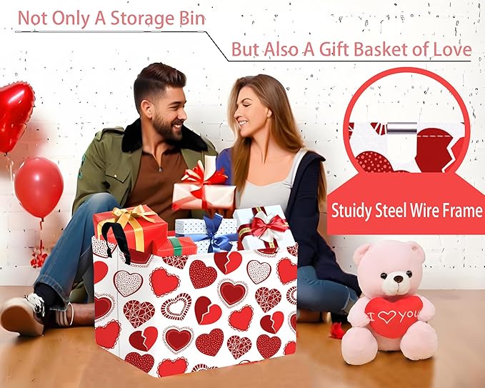Large Valentine's Day Basket Heart Shaped Storage Bin for Gifts Collapsible Organizer Room Decor (Little Round Dot Love)