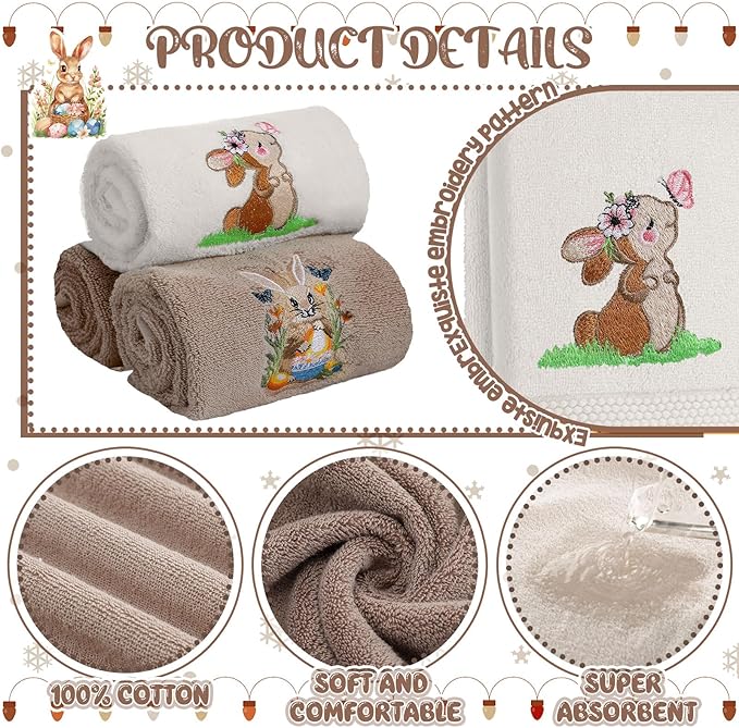 3 Pack Easter Bunny Hand Towels Brown Bathroom Decor 13.4 x 29.2 Inch Cotton Embroidered Bunny with Easter Egg Bathroom Towel Absorbent Decorative for Hand Drying Cleaning Gift