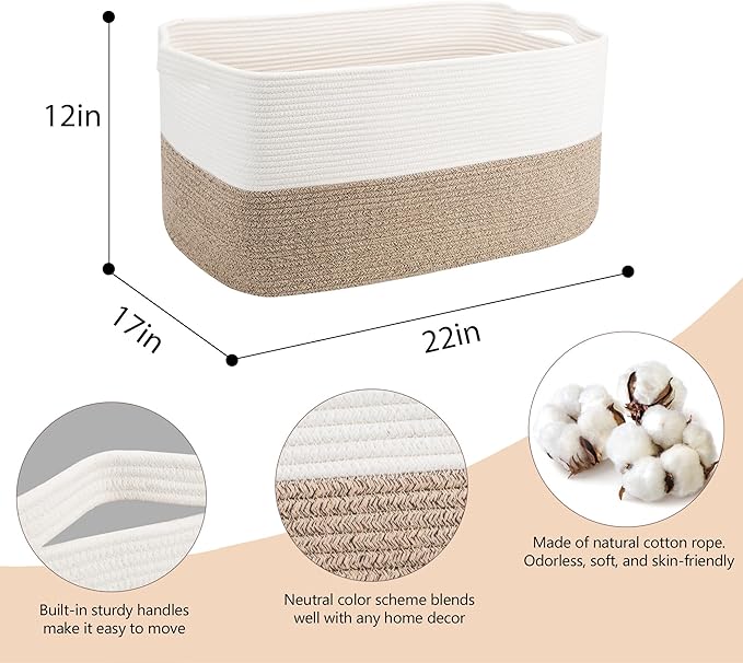 Extra Large Blanket Basket, 22" x 17" x 12" Rectangle Blanket Storage for Living Room, Soft Kids Dog Toy Basket Bin, Cotton Rope Baskets for Storage, Woven Throw Pillow Organizer Holder