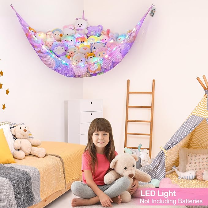 Basumee Stuffed Animals Net or Hammock with LED Light Hanging Toy Net Hammock for Stuffed Animals Storage Stuff Animals Hammocks for Nursery Room with Remote Control, 8 Kinds of Lights(Pack of 1)