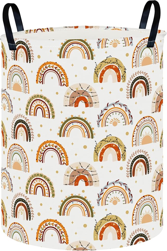 CLOCOR Round Collapsible Flat Storage Basket,Space-Saving Fabric Laundry Hamper for Clothes,Nursery Hamper,Gift Basket(Unique Rainbow)