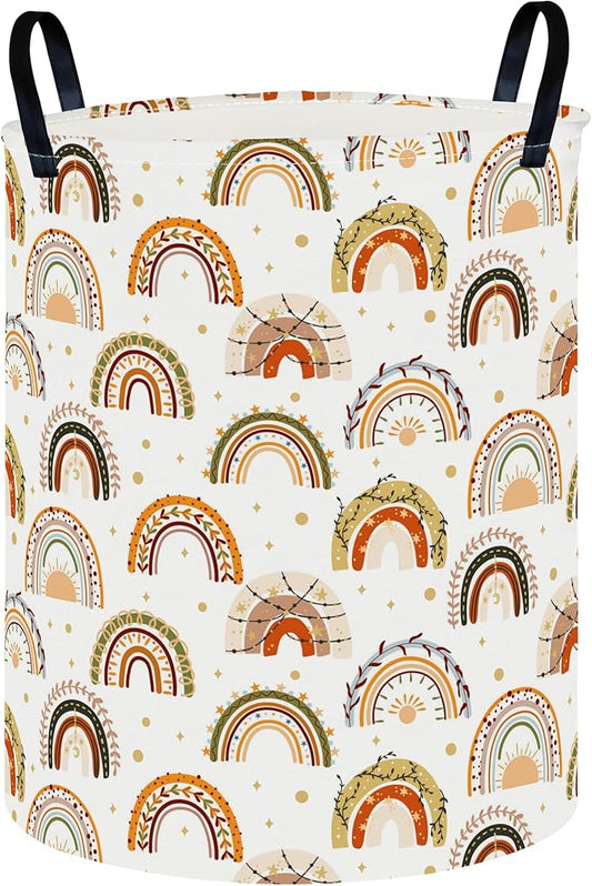 CLOCOR Round Collapsible Flat Storage Basket,Space-Saving Fabric Laundry Hamper for Clothes,Nursery Hamper,Gift Basket(Unique Rainbow)