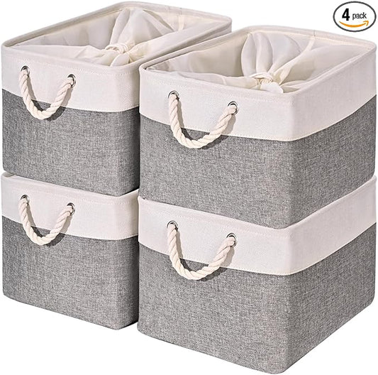 HOdo Home Fabric Storage Bin with Drawstring Closure and 2 Bold Handles, Collapsible Large Canvas Storage Baskets for Organizing Shelf Nursery Home Closet (White&Grey, 15.8L×11.8W×9.5H - 4Pack)