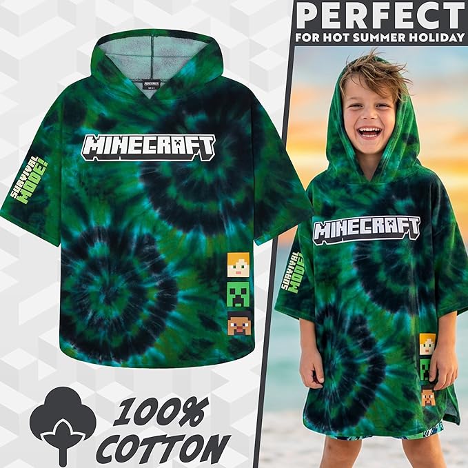 Minecraft Towelling Poncho Kids Teens Hooded Bath Towels Absorbent Beach Towel (Multi Tie Dye, 10-13 Years)