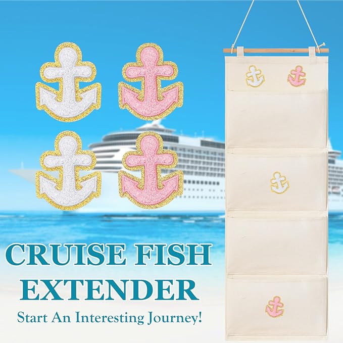 Fish Extender Cruise Gift Hanging Organizer with 4 Pockets and Iron on Anchor Patch Cabin Door Storage Bag 2026 Fe for Cruise Essentials Exchange Gift Pixie Dusting(Beige, Pink, White)