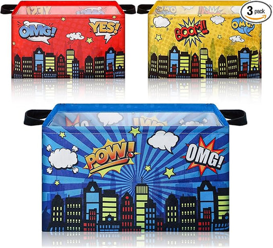 Maxdot 3 Pack Hero Comic Book Storage Themed Basket Large Gifts for Laundry Hamper Basket for Kids Room Nursery Collapsible Toy Clothes Storage Collection Bin(City,Rectangle)