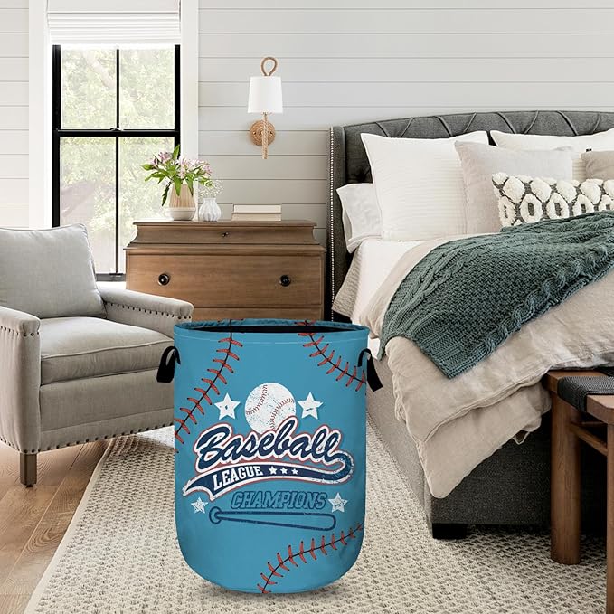 Baseball League Champions Laundry Basket with Sturdy Handles, Collapsible Oxford Cloth Laundry Hamper Organizer Basket for Bathroom Bedroom 15.7x20 Inch