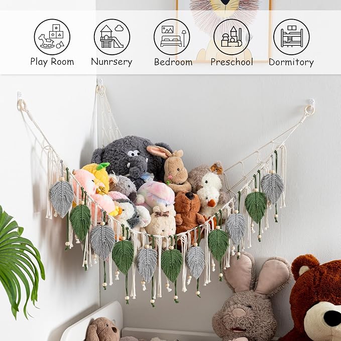 Pretty Jolly Macrame Stuffed Animal Hammock with Beads Hand Woven Leaf Tassels Corner Hanging Net Boho Plush Holder for Toys Kid Room Nursery Deco Organizer for Girls Gift(Sage Green&Avocado Green)