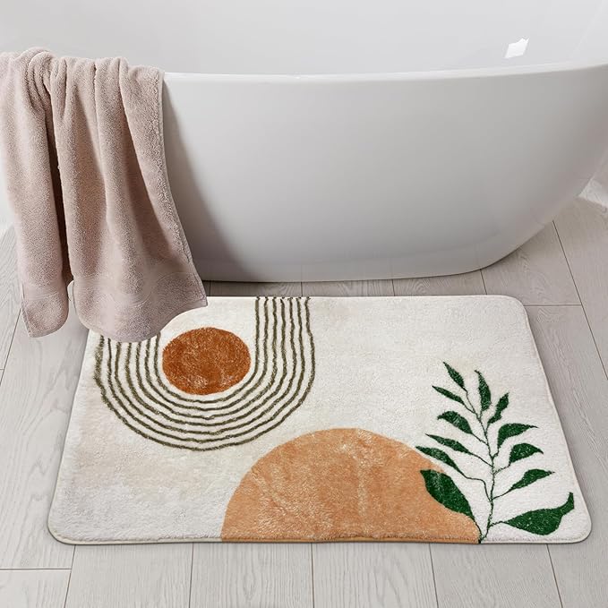 17''x24 Boho Bath Rugs for Bathroom Decor Non-Slip Bath Mat Absorbent Plush Microfiber Soft Carpet Machine Washable Bath Mat for Bathrooms,Showers,Laundry Rooms,White and Green