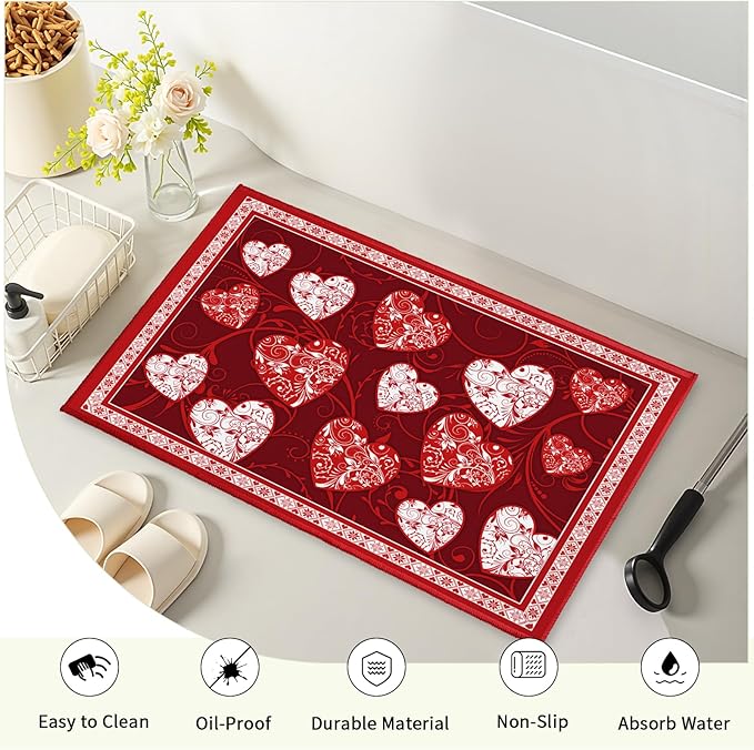 32x20in Valentine Bathroom Rug- Romantic Red White Hearts Bath Mats- Symbol of Love Non-Slip Holiday Soft Velvet Bath Rugs for Shower Room Bathtub Sink Bedside