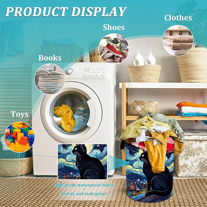 Starry Night Cat Laundry Basket, Foldable Waterproof Oxford Cloth Moon Laundry Hamper Funny Tote Bag Dirty Clothes Storage Bucket Toy Organizer for Bathroom/Laundry/Bedroom 15.7"x19.6"