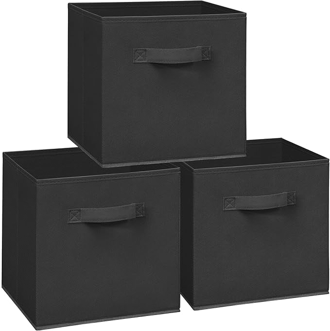 Easi 11 inch Cube Storage Bins, 3 Storage Cube Organizer, Collapsible Fabric storage cubes with Handles, Closet Storage Basket For Organization, Shelf Basket For Shelves Clothes Books, Black
