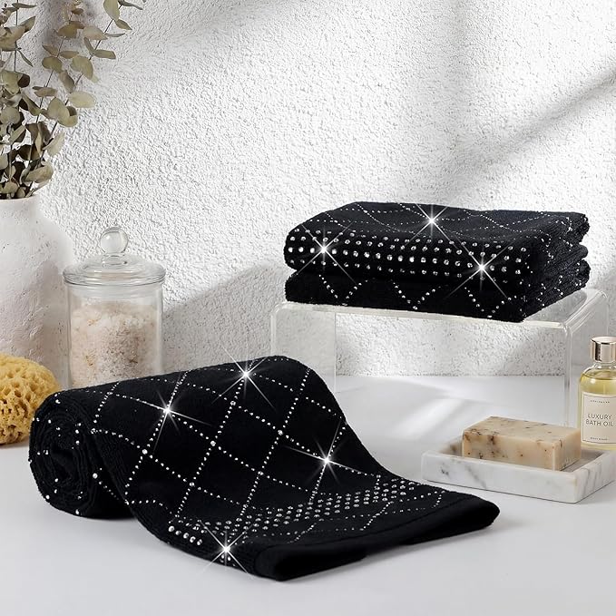 2 Pcs Black Sparkling Hand Towels with Full Rhinestones for Bathroom 100% Cotton Glitter Soft Elegant Hand Bath Towels Absorbent Machine Washable for Spa Yoga Hotel Sport, 29.5" x 13.8"
