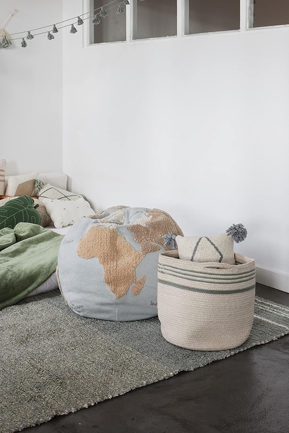 Lorena Canals Basket TWIN for kids' room in Vintage Blue/Natural color. Handmade by artisans in Natural Cotton and Non-Toxic Dyes-Size: 1' x Ø 1'