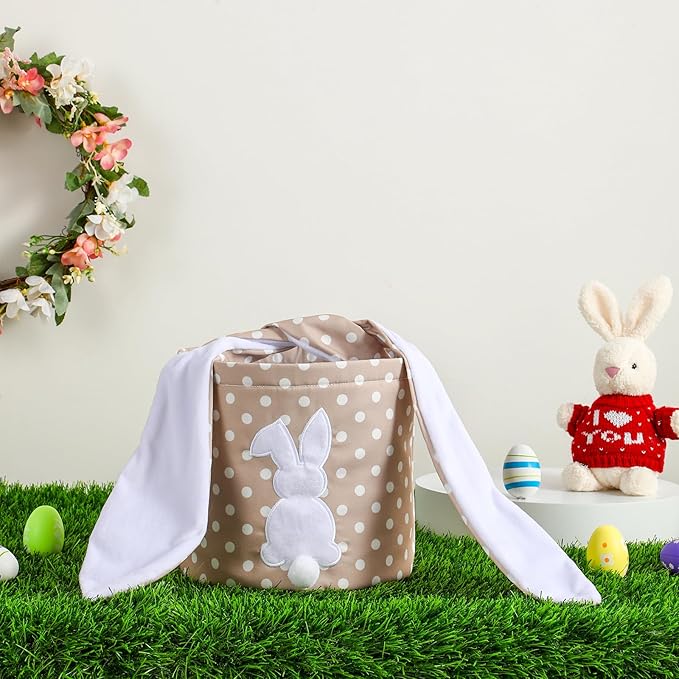 MONOBLANKS Easter Bunny Basket Bags Carrying Gift and Eggs Hunt Bag,Rabbit Canvas Toys Bucket Tote (A-Polka dot)