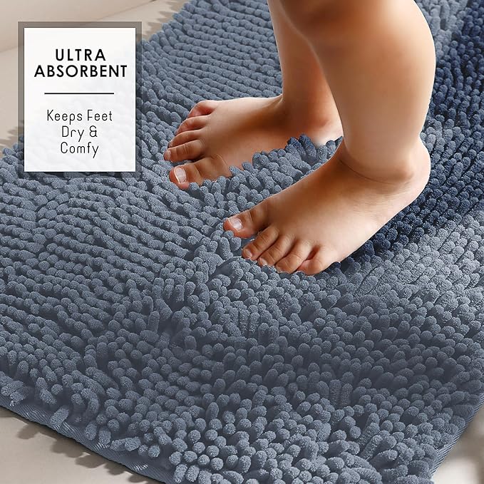 Hearth & Harbor Bathroom Rugs, Chenille Bath Mat - Machine Washable Bath Mats for Bathroom Non-Slip Backing Rubber, Quick Dry Bathroom Mat, 26 x 44 - Stone Blue
