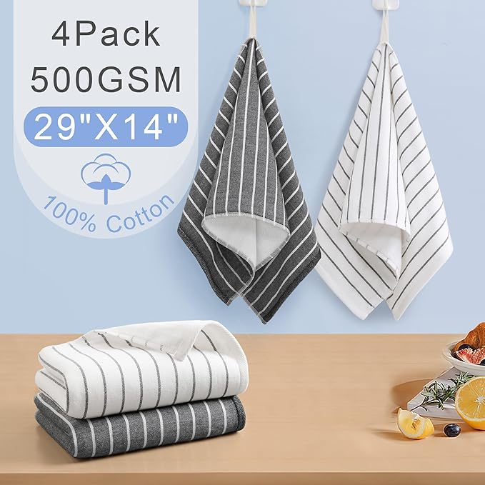 4-Pack Premium Cotton Hand Towels with Hanging Loops, 13x28 Inch – Ultra-Absorbent 450GSM Hand Towels for Bathroom, Soft Quick-Dry Face & Hand Towel Set, Durable Black & White Stripe Design