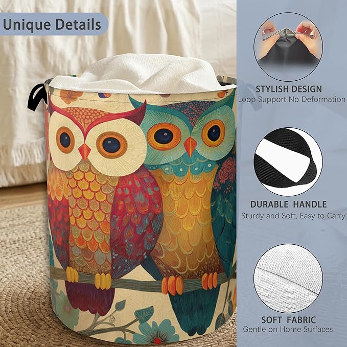 Cute Owl Laundry Basket,Foldable with Handles Tote Bag Oxford Cloth for Bathroom Bedroom Dirty Clothes Storage Bucket 16" x 20.8"