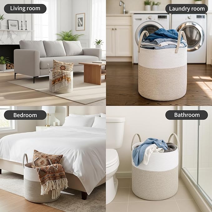 ShellKingdom Laundry Basket, Large Natural Rope Woven Storage Basket with Handles for Home, Living Room, Laundry, Storage Organizer for Blankets, Clothes, Toys, 19.7 x 14.96 INCH (2-Toned White Khaki)