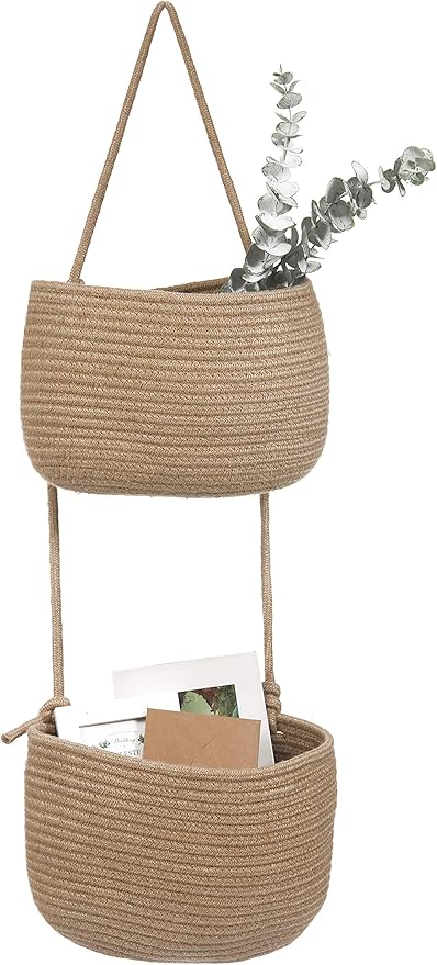 Over The Door Hanging Basket, 2 Tier Cotton Rope Woven Wall Basket, Magazine Racks Hanging Organizer, Decorative Hanging Storage Baskets for Organizing Living Room, Bathroom and Bedroom (Jute)