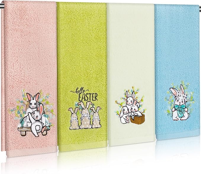 4 PCS Easter Towels Set 29" x 13" Cotton Embroidered Bunny Bathroom Hand Towel Colorful Retro Bunny Rabbit Decorative Soft Hand Towels Absorbent Set for Bunnies Housewarming Gifts