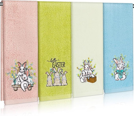 4 PCS Easter Towels Set 29" x 13" Cotton Embroidered Bunny Bathroom Hand Towel Colorful Retro Bunny Rabbit Decorative Soft Hand Towels Absorbent Set for Bunnies Housewarming Gifts