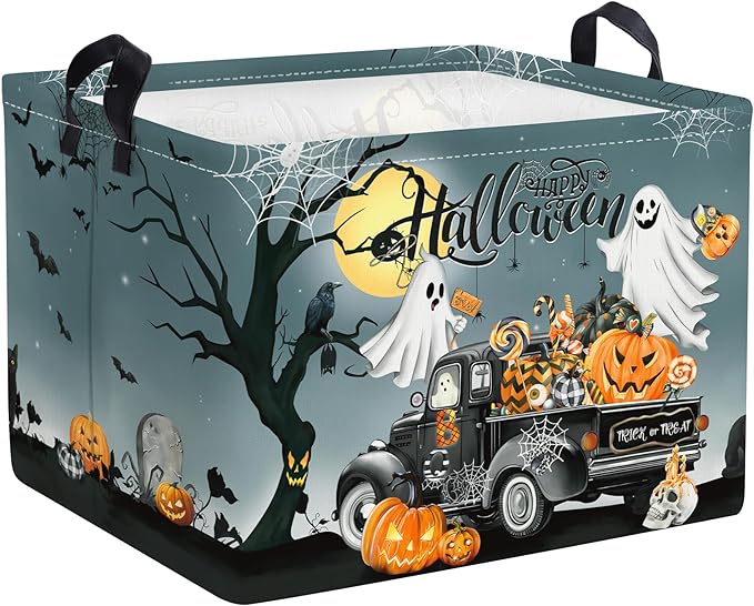 Clastyle Halloween Pumpkin Storage Basket Kid Spooky Book Gift Basket Empty Outdoor Graveyard Jack-o-lantern Boo Bin Baby Nursery Clothes Hamper Toy Box,Ghost Truck,40*30*30 cm