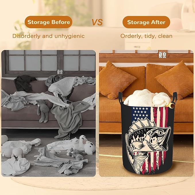 Laundry Basket,American Flag Bass Fish Laundry Hamper Bass Fishing Collapsible Organizer Basket,Toy Storage Bin Room Decor Gift Clothes Baskets,Bedroom Children Nursery Hamper 16x20 Inch