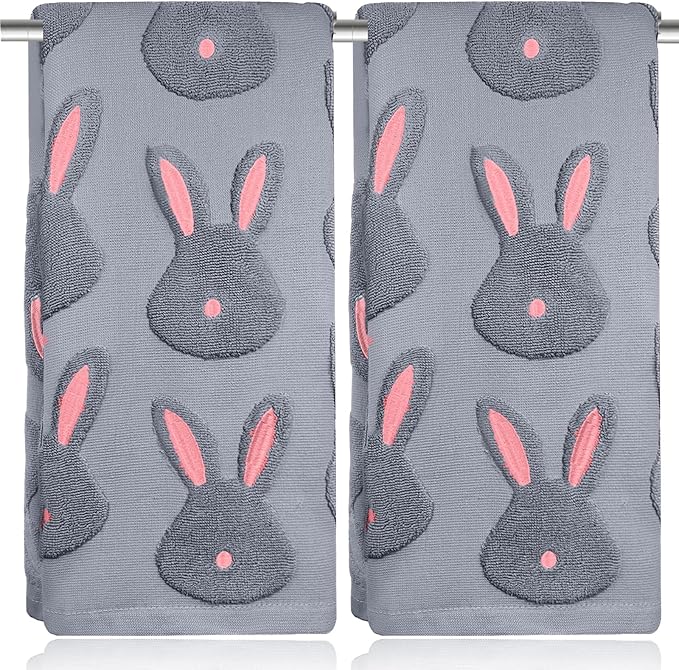 2pcs Easter Bunny Hand Towels Set 100% Cotton Soft Absorbent Spring Bathroom Hand Towels 14x29 Inch Cute Jacquard Easter Kitchen Decor Towels Holiday Kitchen Bathroom Decor Gift(Grey)