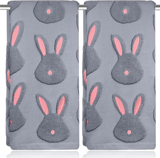 2pcs Easter Bunny Hand Towels Set 100% Cotton Soft Absorbent Spring Bathroom Hand Towels 14x29 Inch Cute Jacquard Easter Kitchen Decor Towels Holiday Kitchen Bathroom Decor Gift(Grey)