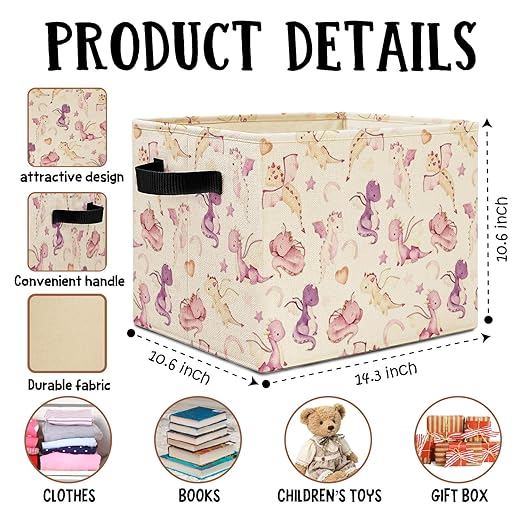 Cute Dragon Storage Bins Box with Handles, Dragon Nursery Decor, Purple Fantasy Dragons Laundry Basket Hamper Collapsible Clothes Toys Organizer for Kids Room Nursery Playroom