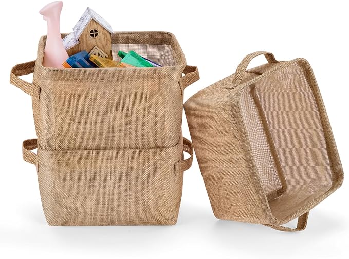 AARAINBOW Storage Basket Bins Canvas Mini Storage Cubes Storage Basket for Makeup, Baby Toys Liners, Books Nursery Storage Baskets with Handles for Shelves & Desks(3 Jute)