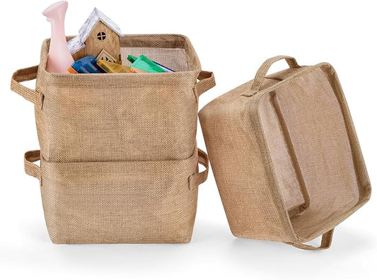 AARAINBOW Storage Basket Bins Canvas Mini Storage Cubes Storage Basket for Makeup, Baby Toys Liners, Books Nursery Storage Baskets with Handles for Shelves & Desks(3 Jute)