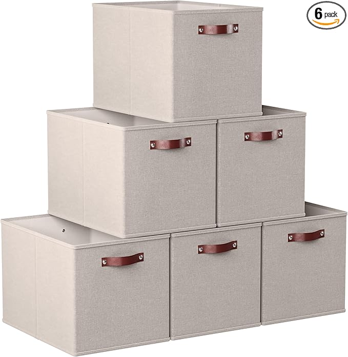 Ornavo Home 13 x 15 x 13 Kallax Storage Cube Bins, Foldable Collapsible Fabric Storage Bins Box Linen Shelf Basket Cube Organizer for Closet with Leather Handles, 6 Pack, Beige