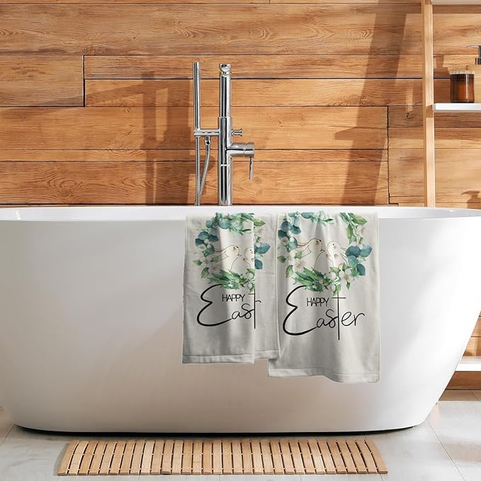 Happy Easter Hand Towels Green Leaves Kitchen Towels Set of 2 Soft Absorbent Easter Rabbit Bunny Bath Towels 14x28 Inch Spring Holiday Beige Dish Towels for Bathroom Kitchen Bar Tea Gym Spa Decor