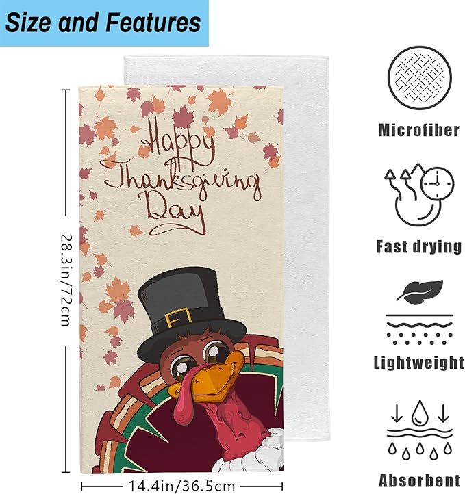 Happy Thanksgiving Bathroom Hand Towel Set of 2,Fall Thanksgiving Turkey Fingertip Kitchen Hand Towel,Soft Absorbent Decorative for Hotel Gym Yoga Home Decor 28"x14"