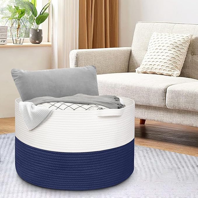 115L Super Large Blanket Basket, Kids Dog Toy Storage Bin Box, Oversized Baby Toy Organizer, Cotton Rope Woven Bin, XXXL Jumbo Basket for Blankets for Living Room, 23.6"x15.7", Dark Blue