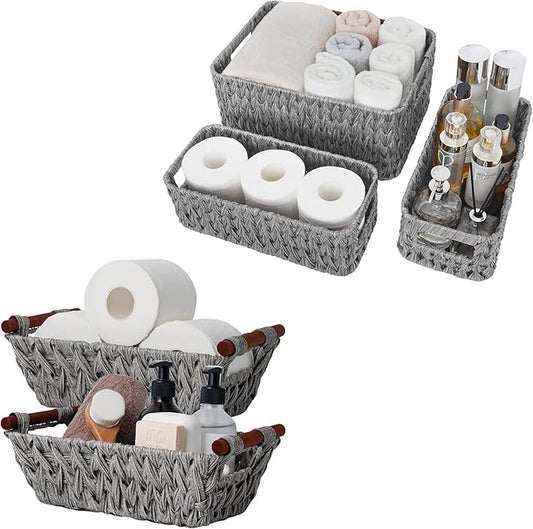 GRANNY SAYS Bundle of 2-Pack Storage Wicker Baskets with Handles & 3-Pack Wicker Storage Baskets for Organizing