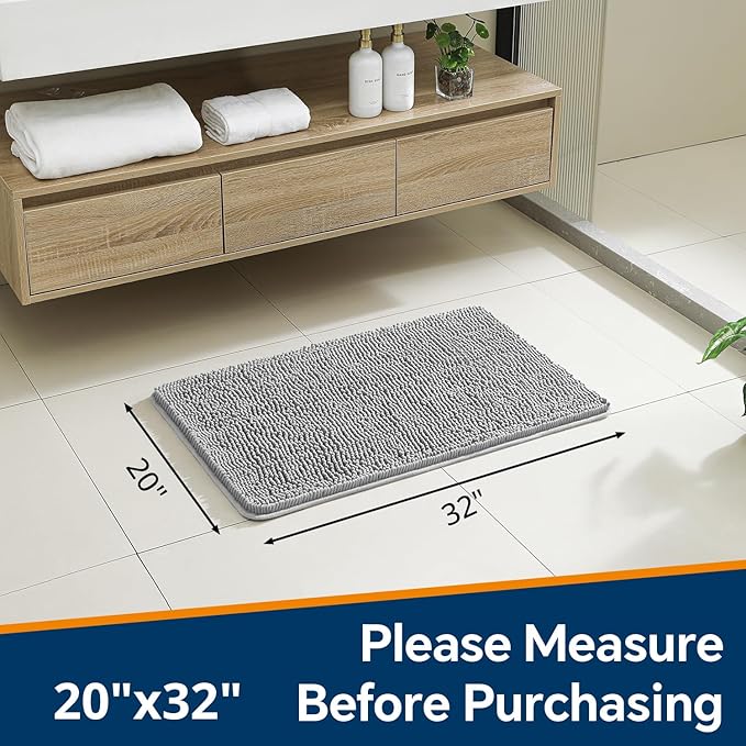 Gray Bathroom Rugs 20"x32" - Thick Plush Chenille Non-Slip Bath Mat - Absorbent, Washable, Soft Decor for Sink, Shower, Tub, Kitchen, Home Accessories