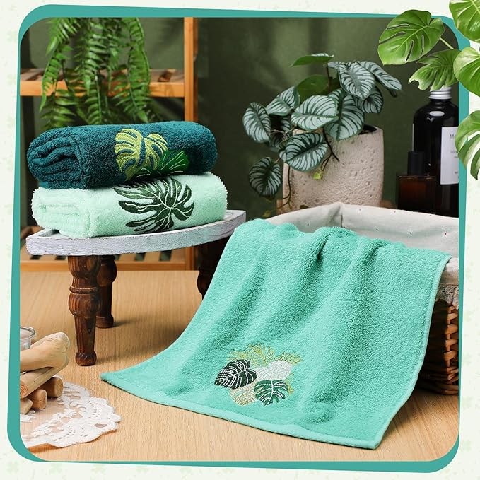 3 Pack Tropical Palm Leaves Hand Towels for Bathroom 100% Cotton Embroidered Bathroom Towels 13.78 x 29.53 Inch Beach Hand Towels Absorbent Soft Cotton Towel(Green,Monstera Leaves)