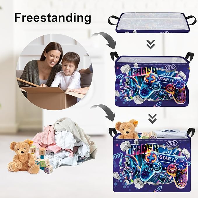 Clastyle Cool Game Storage Basket Kid Game Controller Clothes Laundry Hamper Collapsible Boy Toy Box for Nursery Palyroom,3D Purple,40 * 30 * 30 cm
