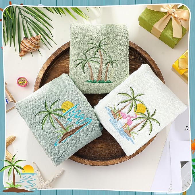 3 Pack Summer Palm Tree Hand Towels for Bathroom 100% Cotton Embroidered Beach Bathroom Towels 13.78 x 29.53 Inch Soft Absorbent(Green Series, Palm Tree)