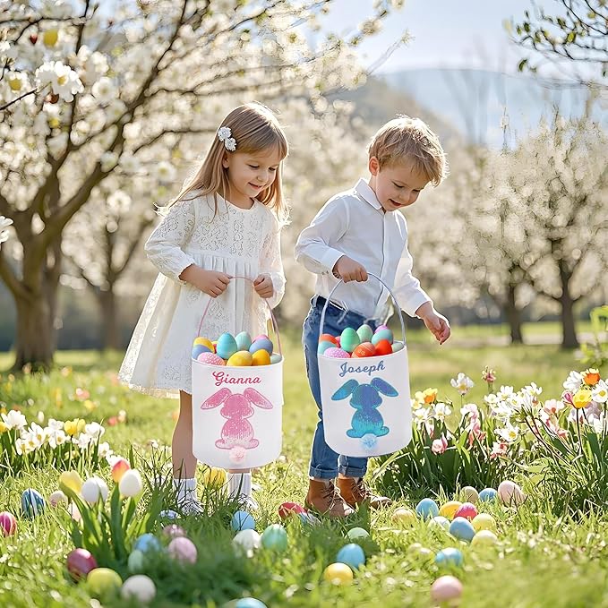 MT WORLD Toddler Easter Bunny Basket Personalized Easter Egg Hunt Bucket for Kids with Name Canvas Rabbit Bucket Tote for Baby Boys Girls Easter Party Decorations Candy Gifts Storage (Pink Glitter)