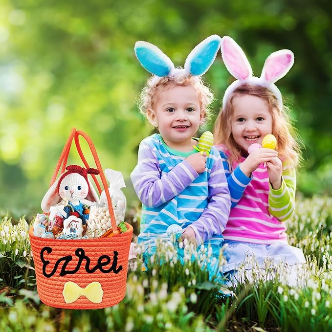 Personalized Easter Basket for Boys Girls Custom Name Baskets with Handle Woven Rope Rabbit Eggs Bucket Gifts