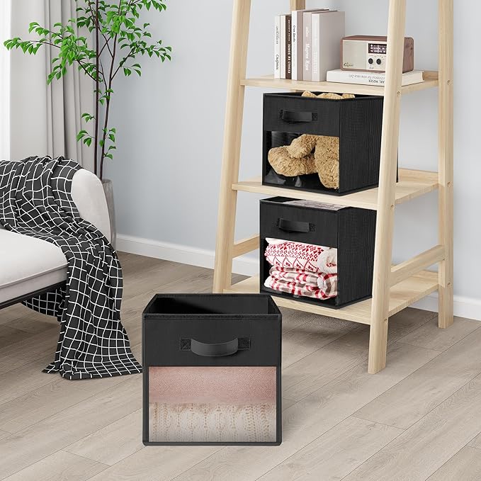 Storage Bins with Clear Window, 13x13 Storage Cubes, Collapsible Cube Storage Box, Fabric Closet Organizers with Handles for Home, Office, Shelf, Closets, Living Room, Black, 6 Pack