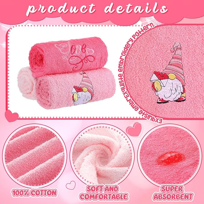 3 Pack Valentine's Day Hand Towels 13.4 x 29.2 Inch Cotton Embroidered Love Happy Valentines Day Gnome Bathroom Towel Absorbent Valentines Kitchen Decor for Hand Drying Cleaning Gift